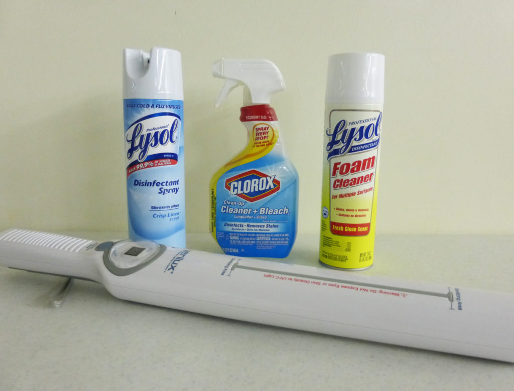 Lysol, Clorox cleaner with bleach , Lysol Foam cleaner, Ultra-violet wand