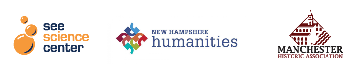 logos for Manchester Historic Association, SEE Science Center and New Hampshire Humanities