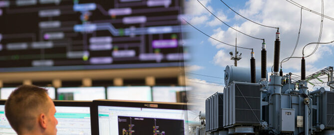 2 images: a technician looks at multiple screens with a large electrical grid diagram in the background an electrical transformer station.