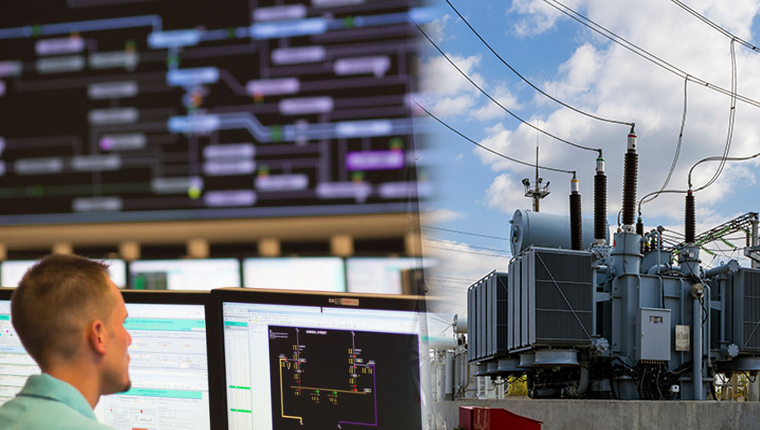 2 images: a technician looks at multiple screens with a large electrical grid diagram in the background an electrical transformer station.