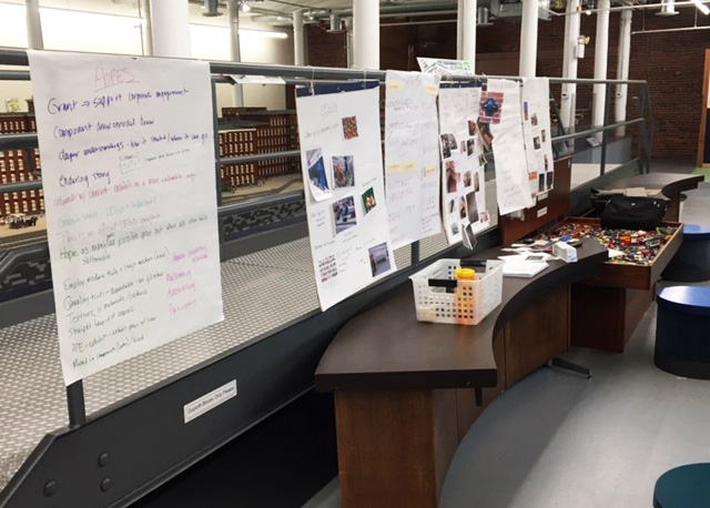 2020-1 Handwritten posters and poster boards with images standing up in front of the LEGO Millyard Project.