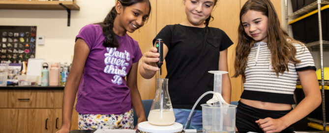 Three Girls work on a lab experiment at a camp at SEE