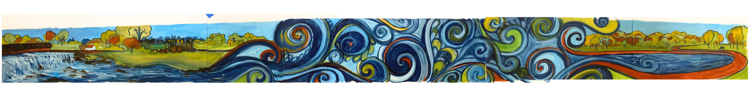 Artist's concept of mural with landscapes on either end and swirls of fabric and water in the middle.