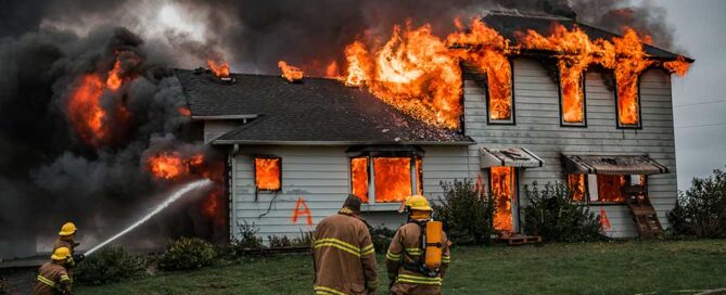 A firefighter sprays water on a building marked with an A as two other firefighters watch and take notes