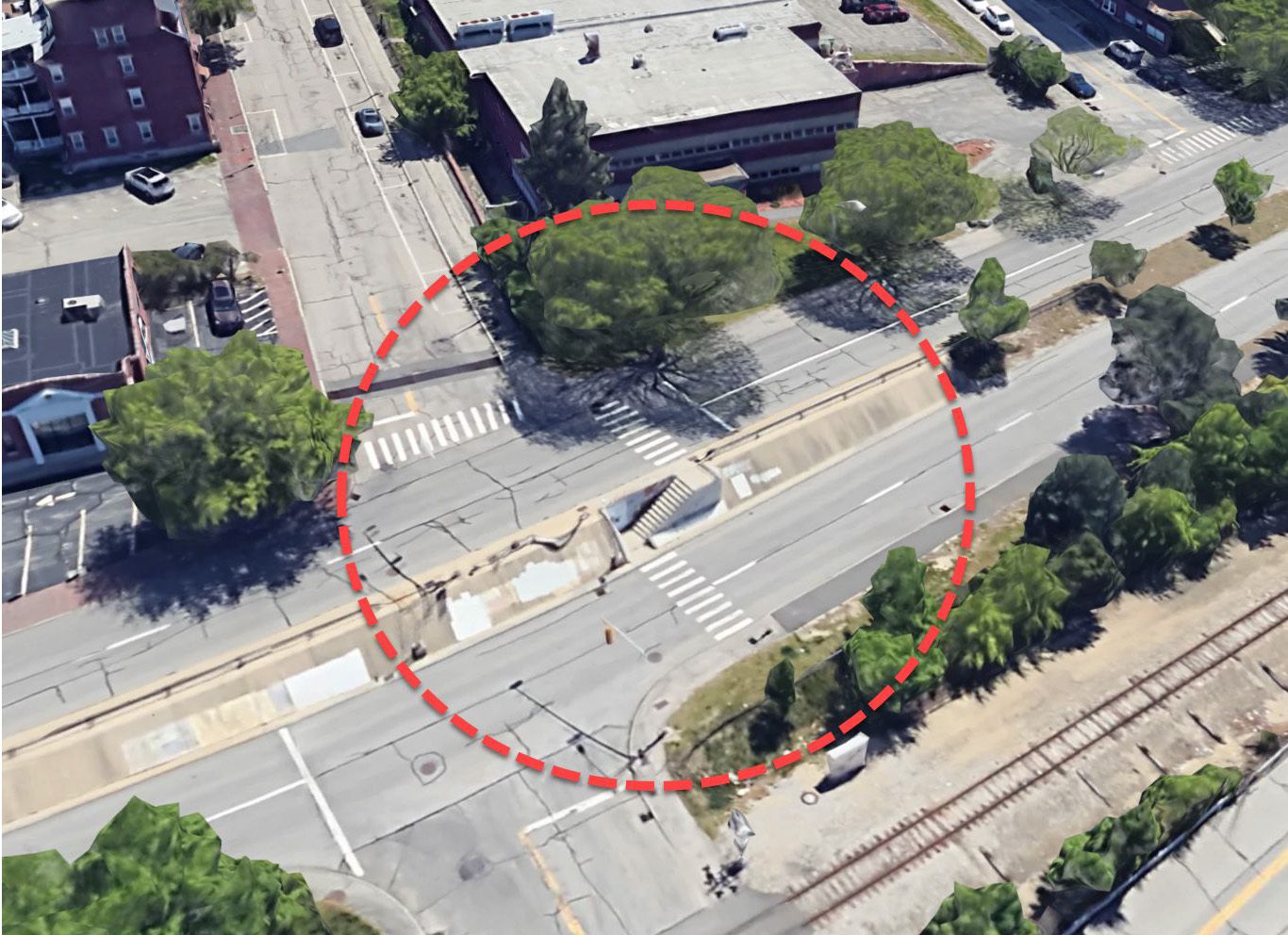 overhead overhead view of the canal street crossing at Pleasant Street