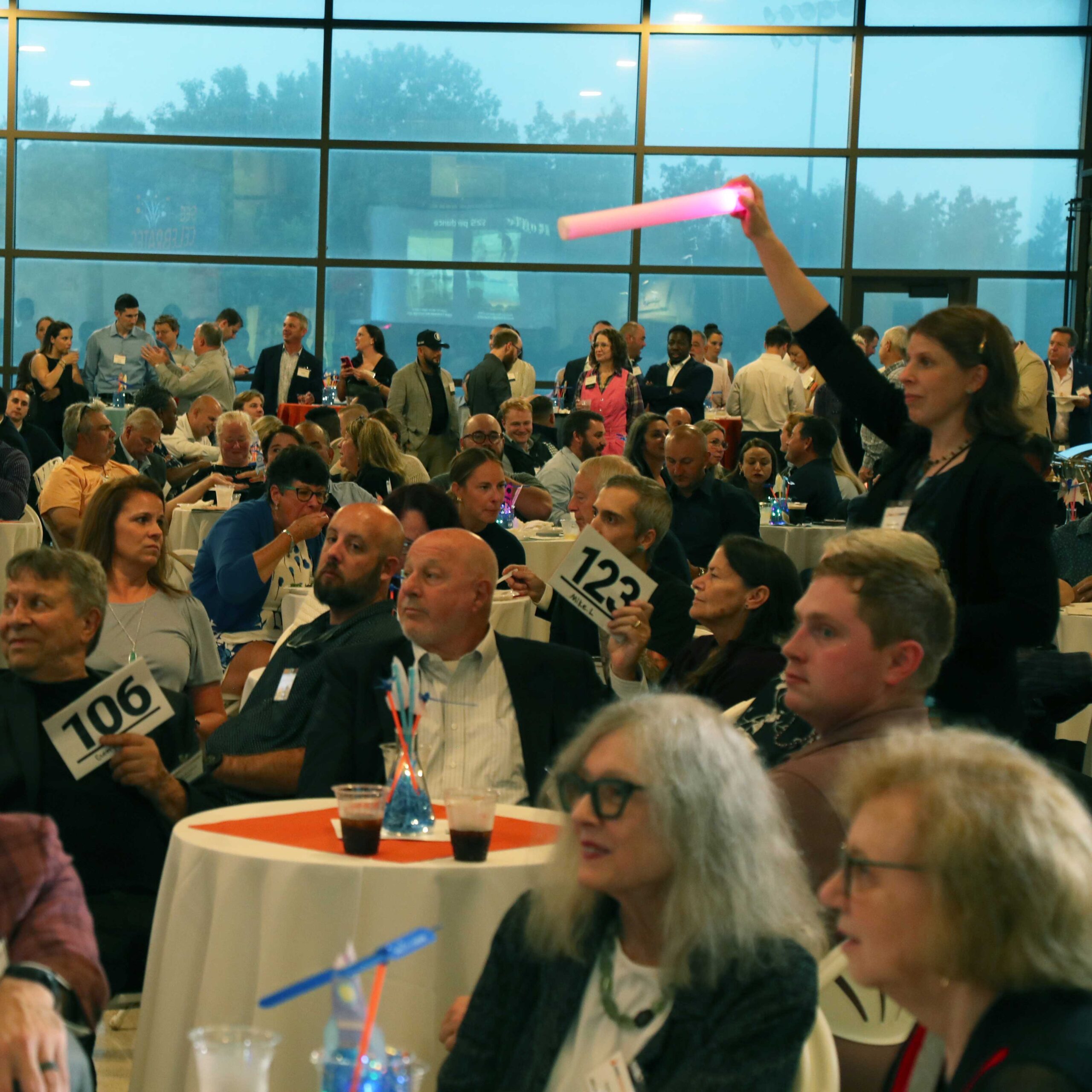 People raise bid numbers in crowd to donate at SEE Celebrates